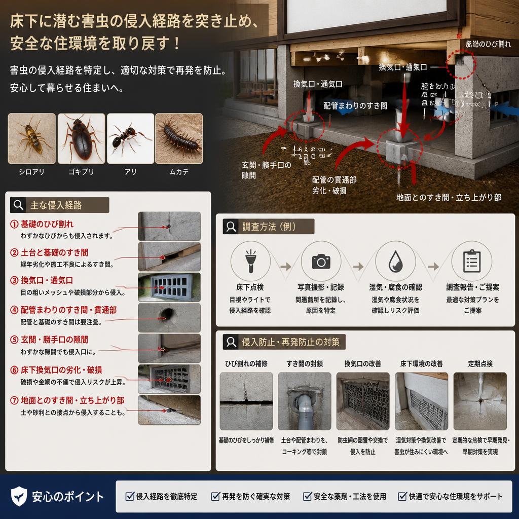 床下に潜む害虫の侵入経路を突き止め、安全な住環境を取り戻す！