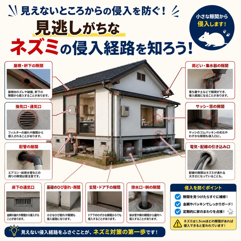 見えないところからの侵入を防ぐ！見逃しがちなネズミの侵入経路を知ろう！