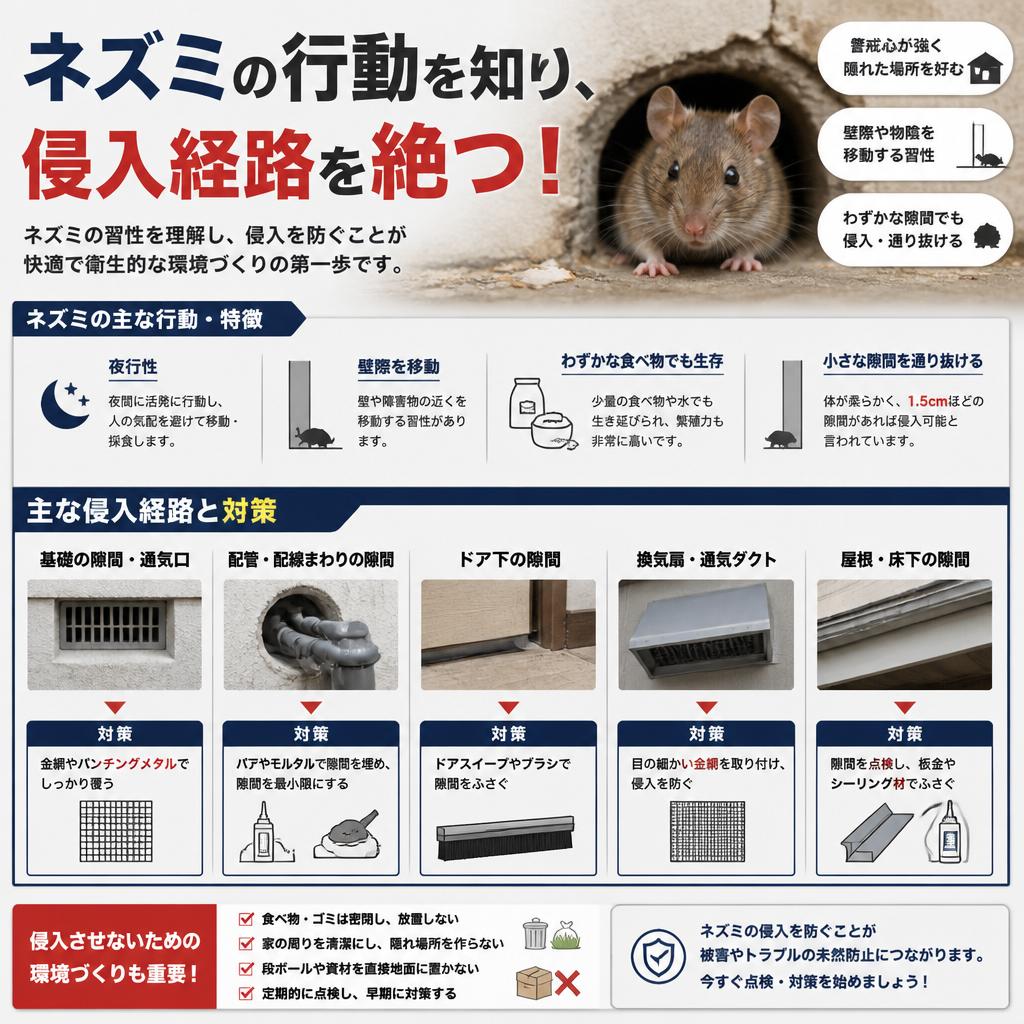 ネズミの行動を知り、侵入経路を絶つ！
