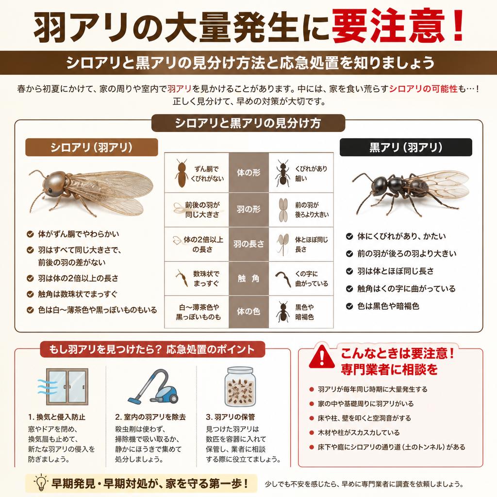 羽アリが大量発生したら？シロアリと黒アリの見分け方と応急処置