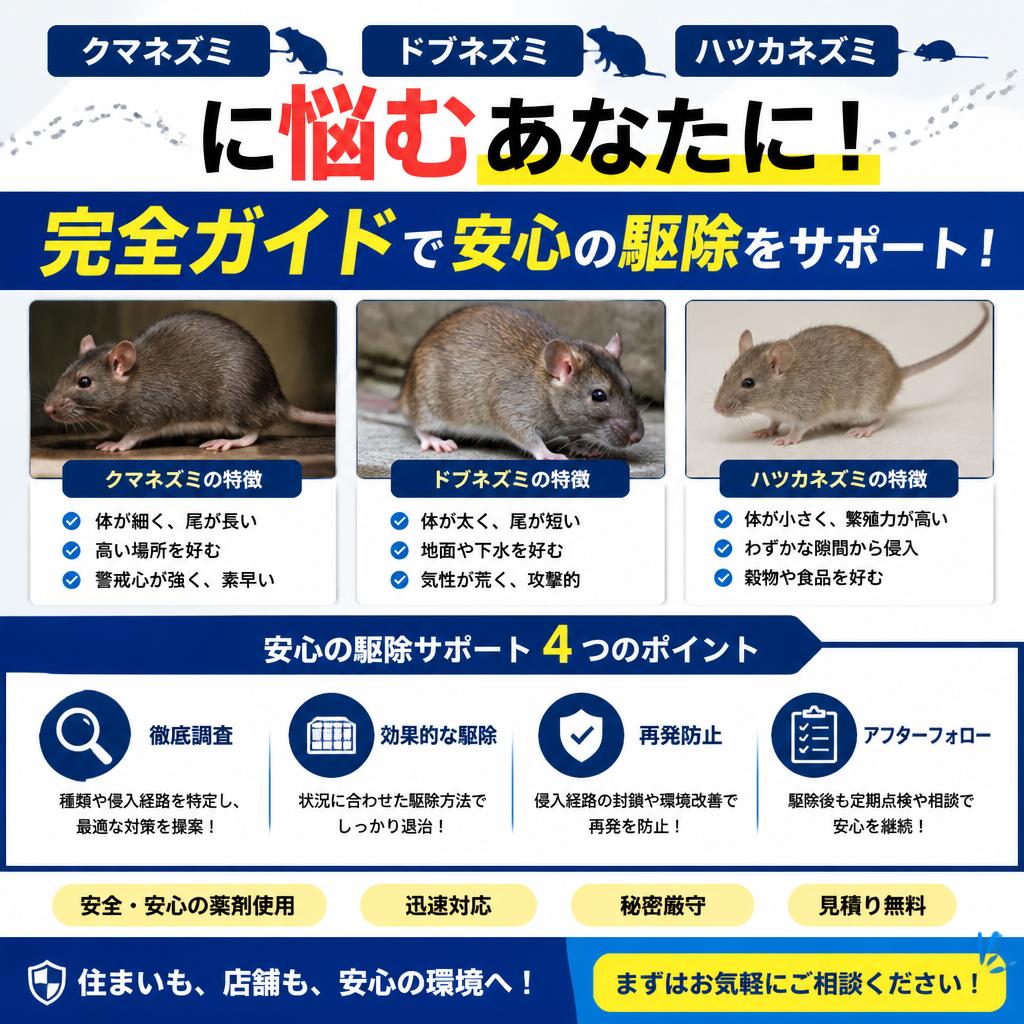 クマネズミ・ドブネズミ・ハツカネズミに悩むあなたに！完全ガイドで安心の駆除をサポート！